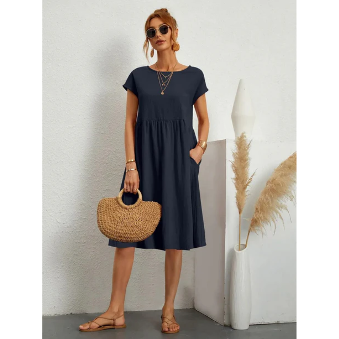 Women's Round Neck Short Sleeve Summer Midi Dress | with Pockets