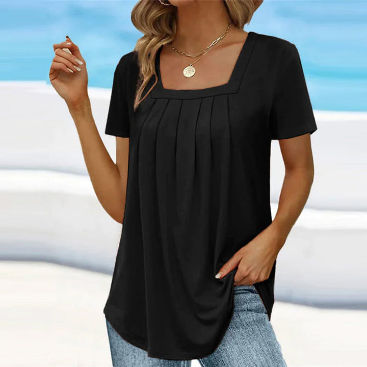 Women's Pleated Blouse with Square Neckline | Short Sleeve