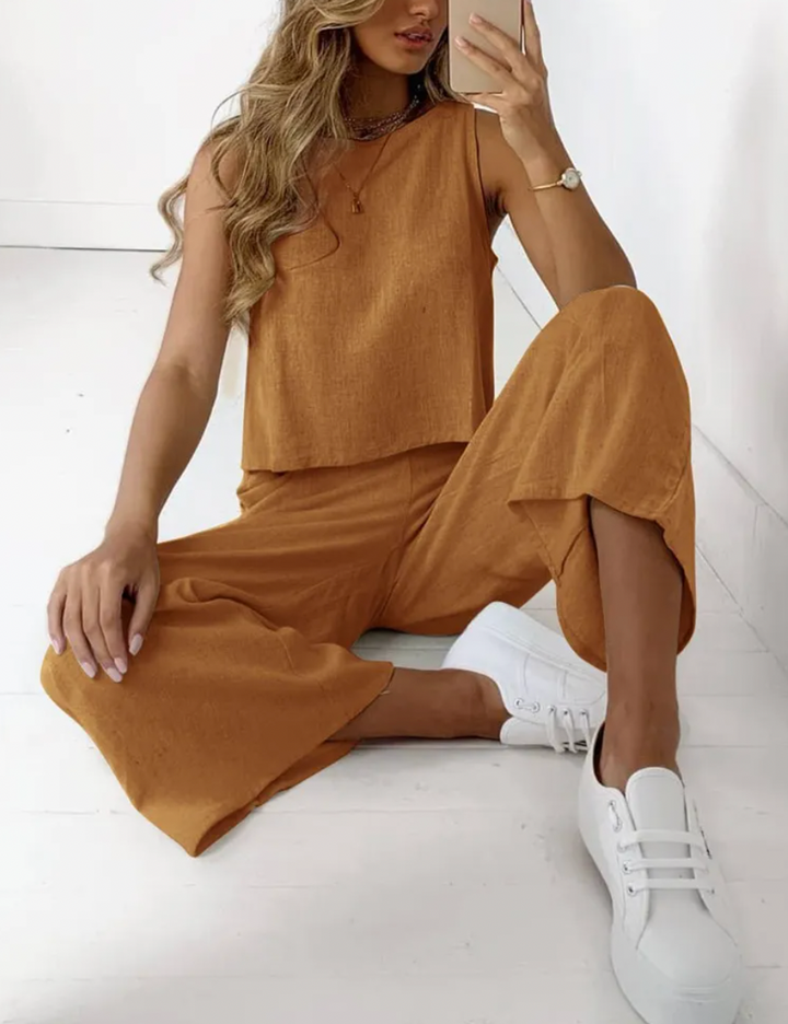 Women's Summer Casual Two-Piece Set | Sleeveless Top and Wide Leg Pants