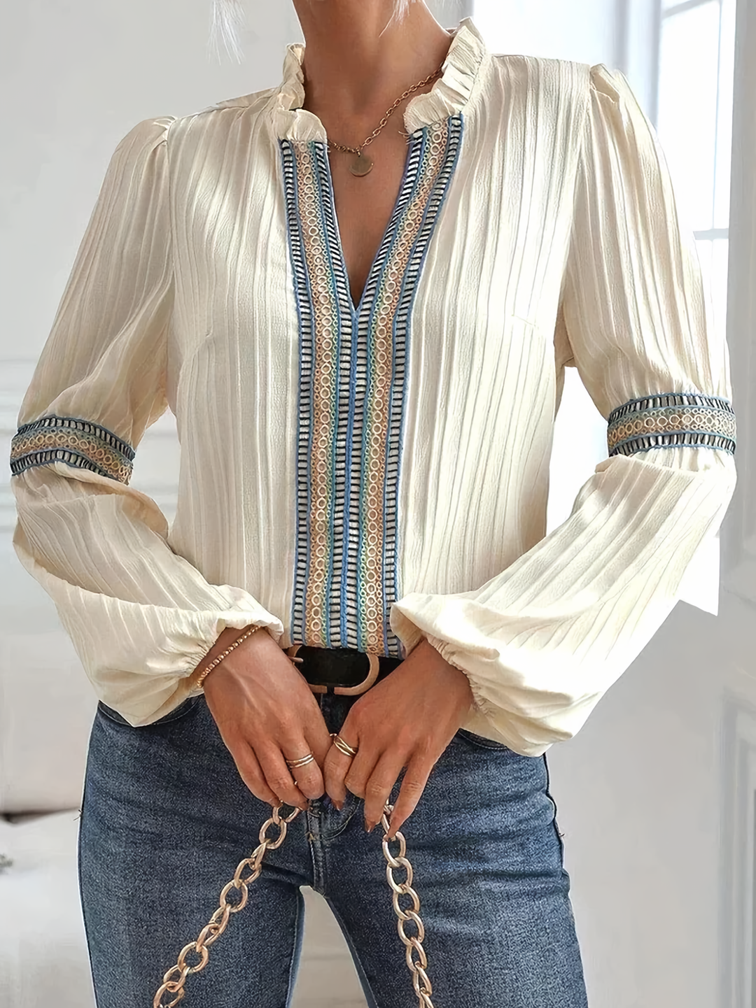 Women's Long Sleeved V-neck Blouse | Textured