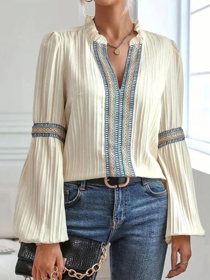 Women's Long Sleeved V-neck Blouse | Textured