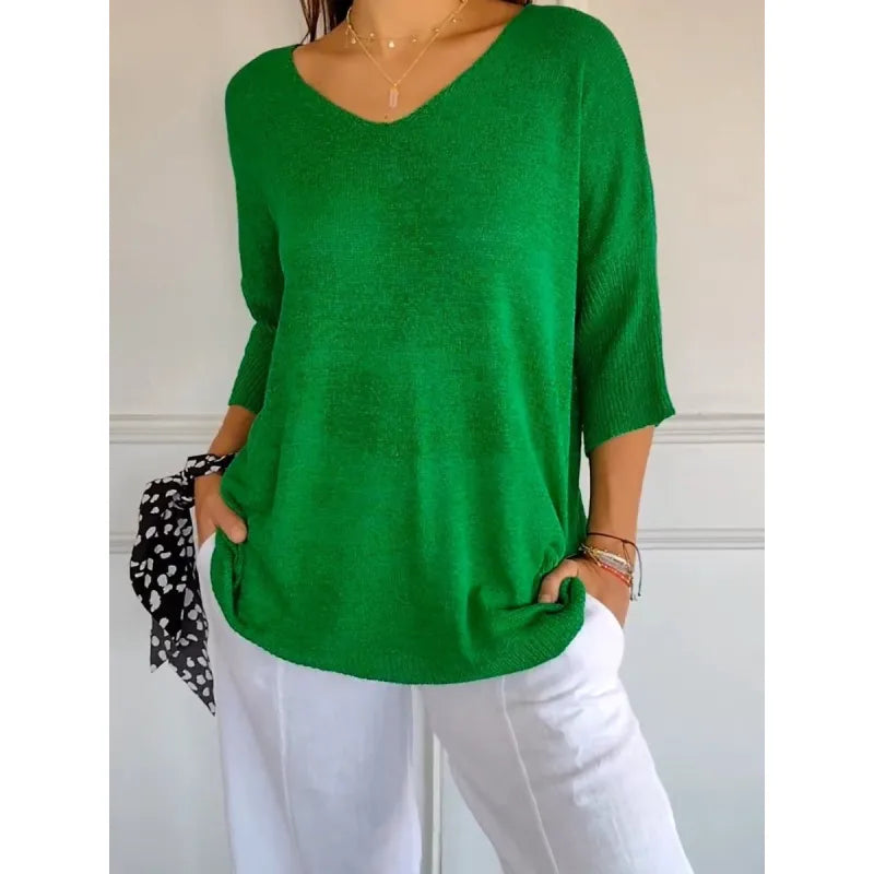 Women Solid Color Knitted 3/4 Sleeve V-Neck Tops | Casual