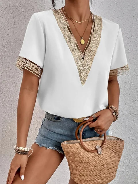 Women's Boho Style V-Neck Short Sleeve Blouse | Summer