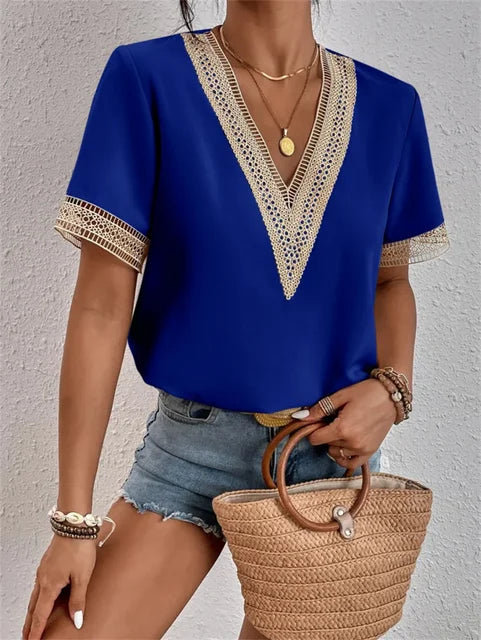 Women's Boho Style V-Neck Short Sleeve Blouse | Summer