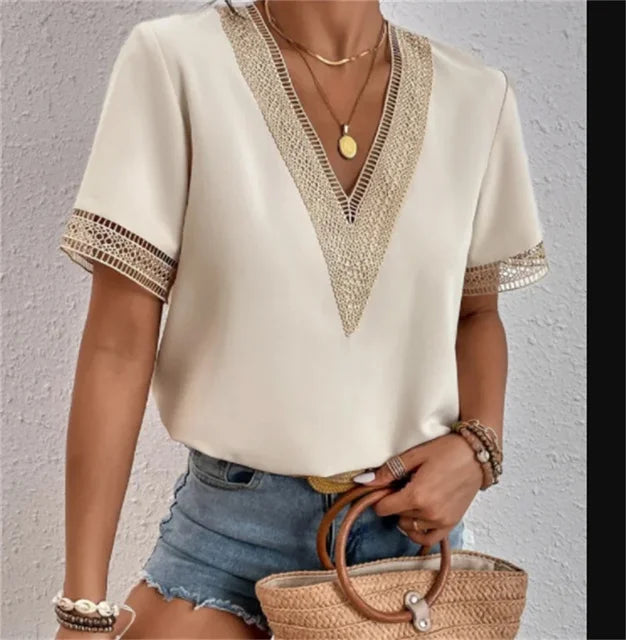Women's Boho Style V-Neck Short Sleeve Blouse | Summer