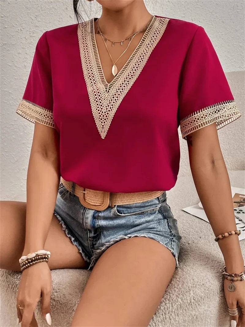 Women's Boho Style V-Neck Short Sleeve Blouse | Summer