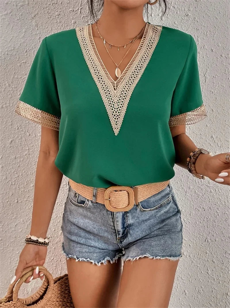 Women's Boho Style V-Neck Short Sleeve Blouse | Summer
