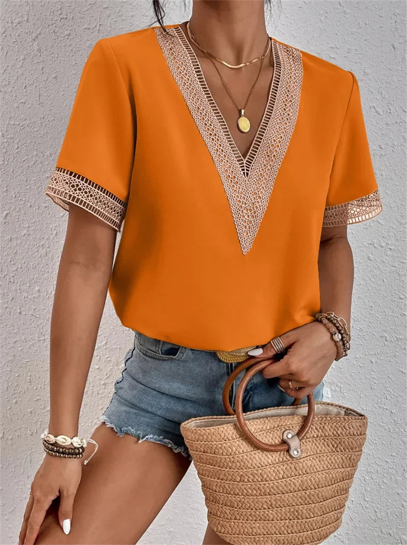 Women's Boho Style V-Neck Short Sleeve Blouse | Summer