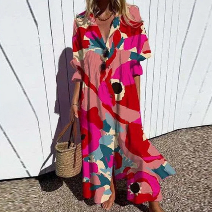 Women's Button Down Leafy Print Dress | Maxi