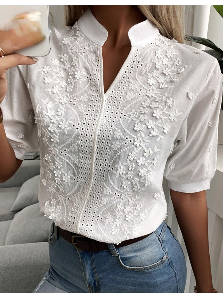 Women's White Mandarin Neckline Embroidered Blouse | Puff Sleeve