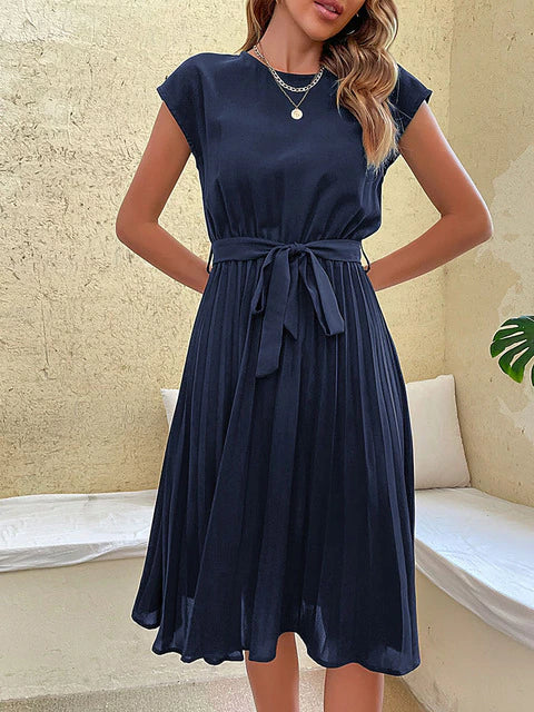 Women's Stylish Pleated Midi Dress | Short-Sleeve
