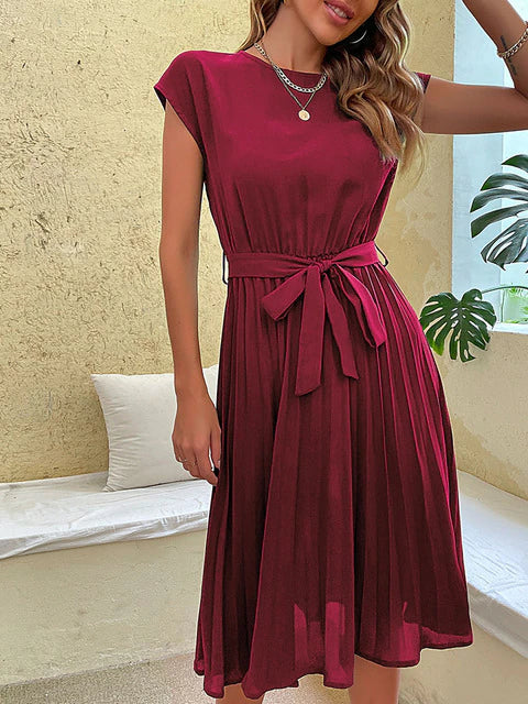 Women's Stylish Pleated Midi Dress | Short-Sleeve