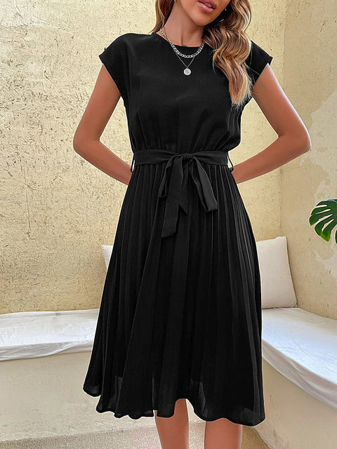 Women's Stylish Pleated Midi Dress | Short-Sleeve