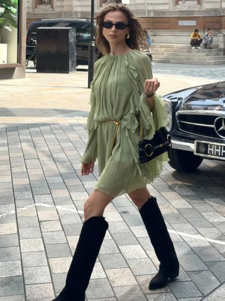 Women's Long Sleeved Ethereal Summer Dress with Round Neck | Mini