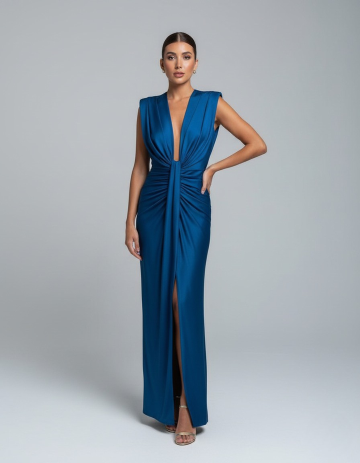 Women's Sleeveless Wedding Guest Dress with Plunging Neckline | Maxi