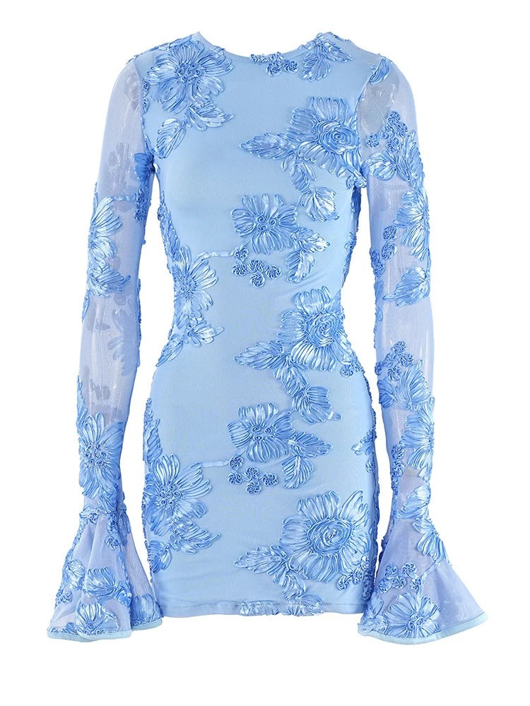 Women's Long Sleeve Round Neck Summer Dress with Floral Print | Mini