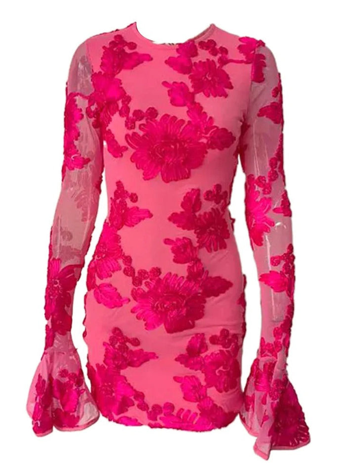 Women's Long Sleeve Round Neck Summer Dress with Floral Print | Mini