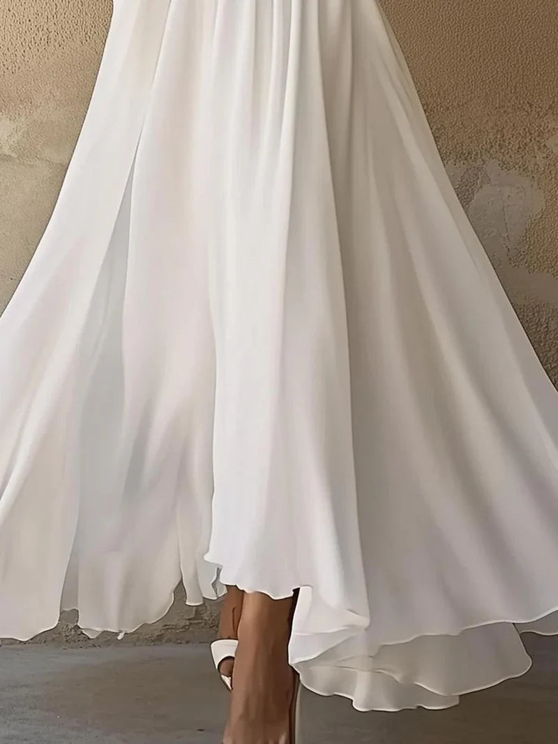 Women's V-neck Flared Summer Dress with Long Sleeve | Maxi