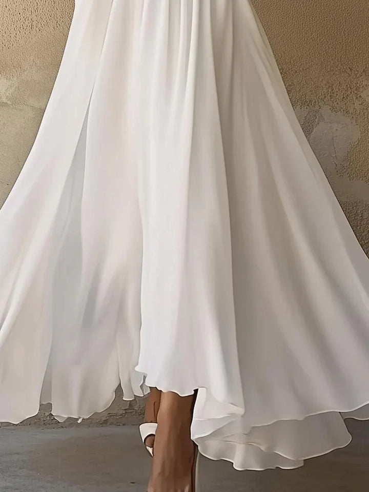 Women's V-neck Flared Summer Dress with Long Sleeve | Maxi