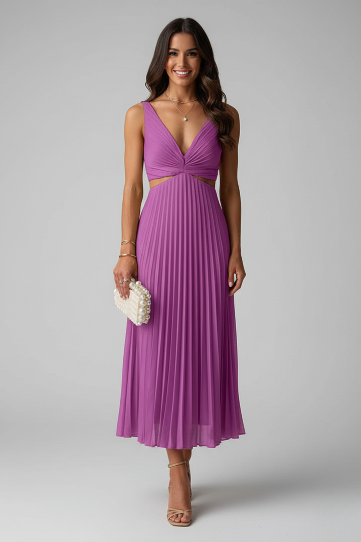 Women's Sleeveless V-Neck Pleated Wedding Guest Dress | Midi