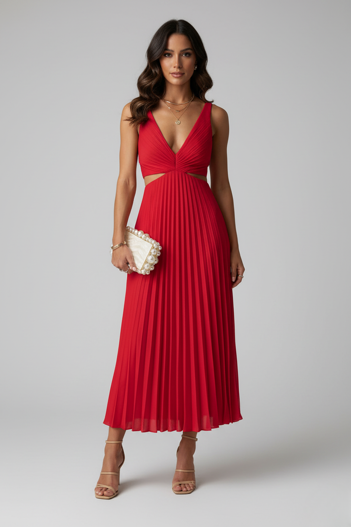 Women's Sleeveless V-Neck Pleated Wedding Guest Dress | Midi