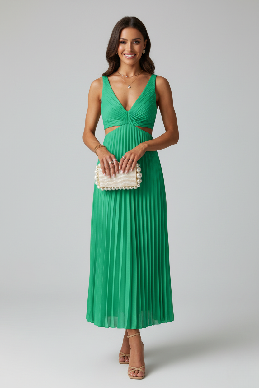 Women's Sleeveless V-Neck Pleated Wedding Guest Dress | Midi