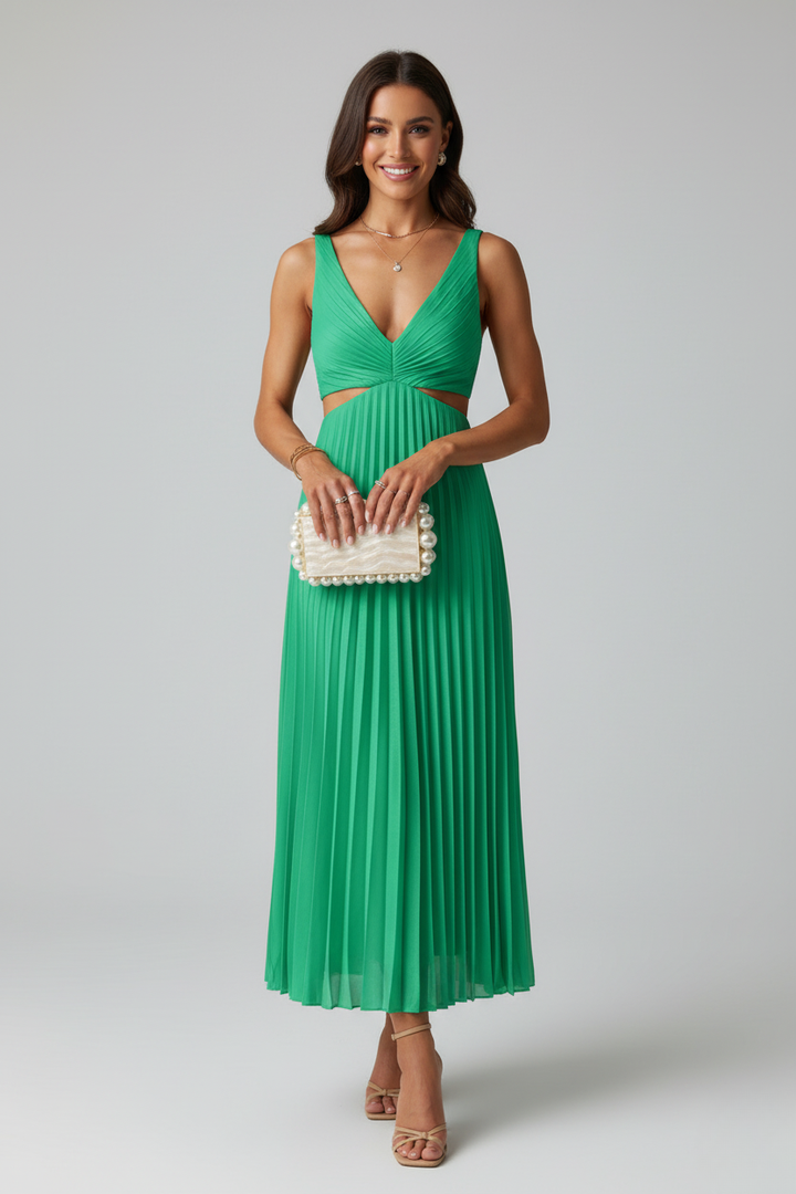 Women's Sleeveless V-Neck Pleated Wedding Guest Dress | Midi