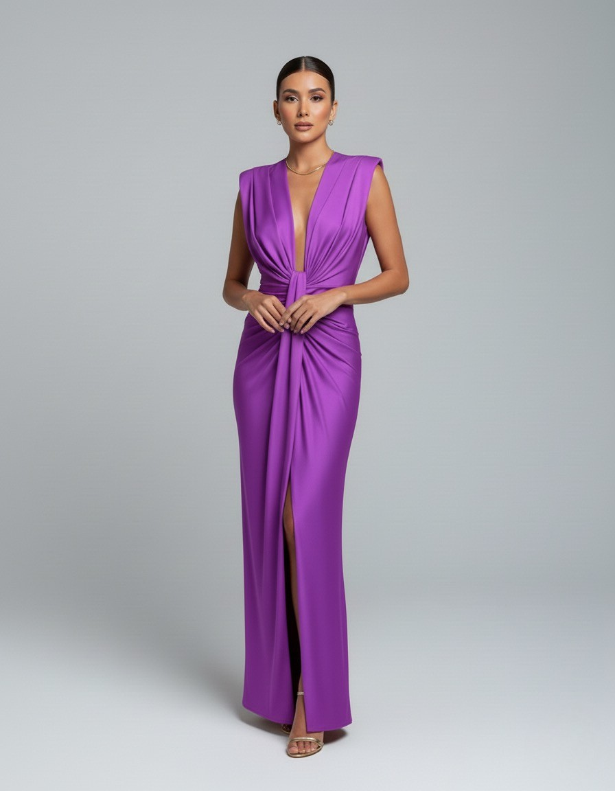 Women's Sleeveless Wedding Guest Dress with Plunging Neckline | Maxi