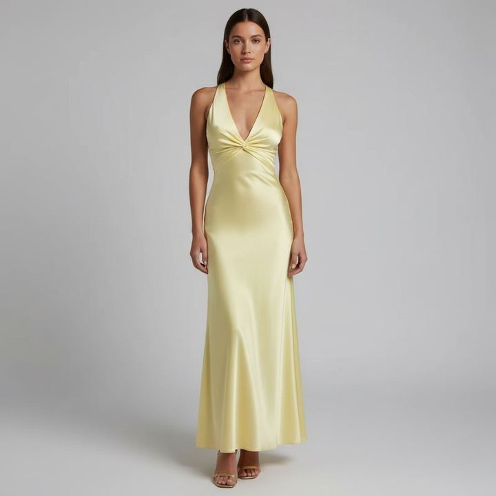 Women's Sleeveless V-neck Bridesmaid Dress in Lemon Color | Maxi