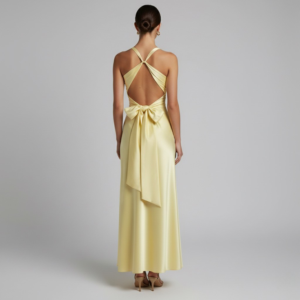 Women's Sleeveless V-neck Bridesmaid Dress in Lemon Color | Maxi