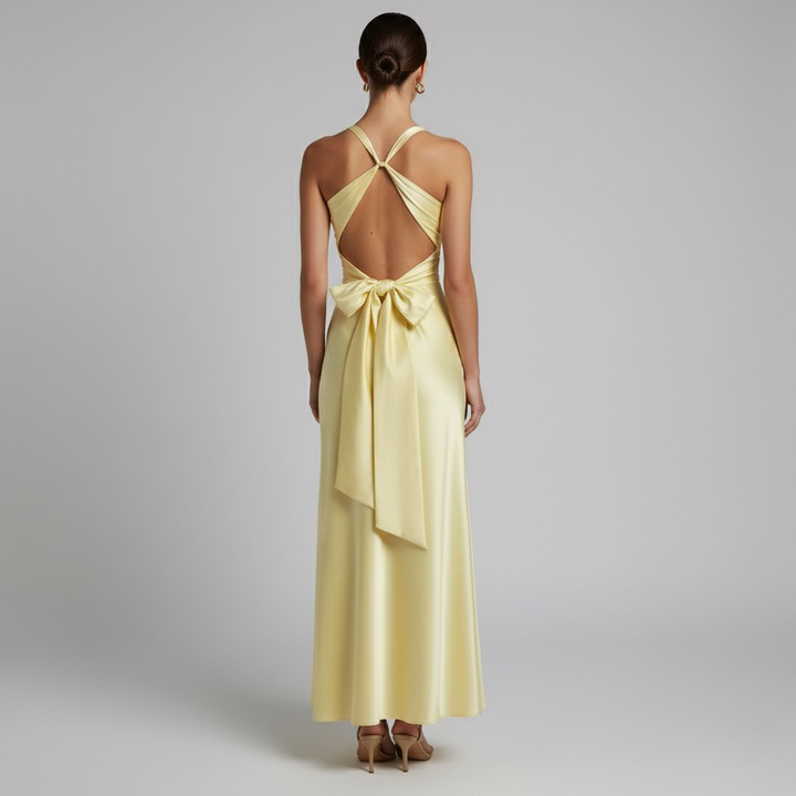 Women's Sleeveless V-neck Bridesmaid Dress in Lemon Color | Maxi