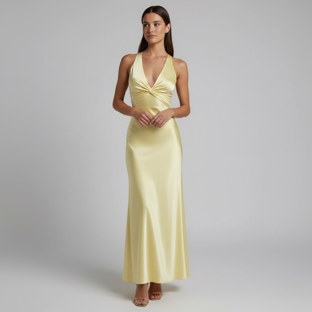Women's Sleeveless V-neck Bridesmaid Dress in Lemon Color | Maxi