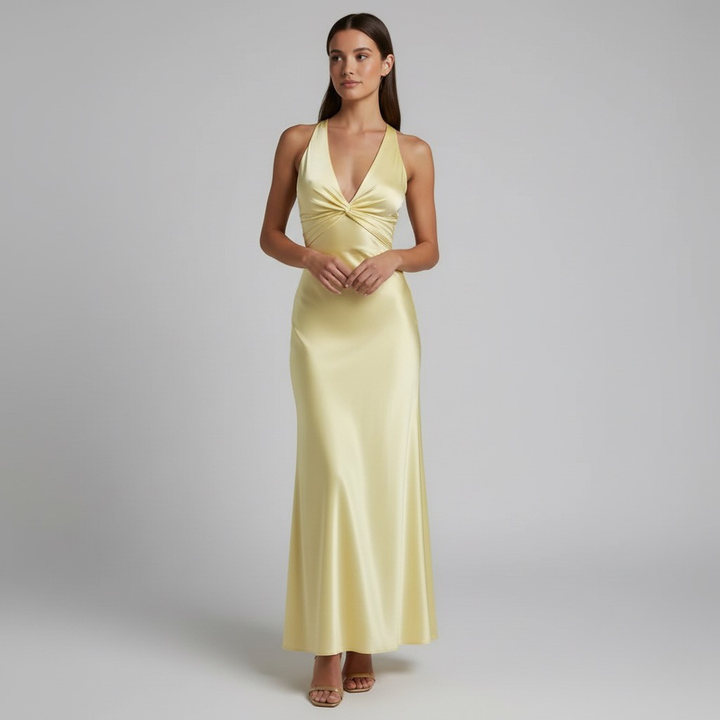 Women's Sleeveless V-neck Bridesmaid Dress in Lemon Color | Maxi
