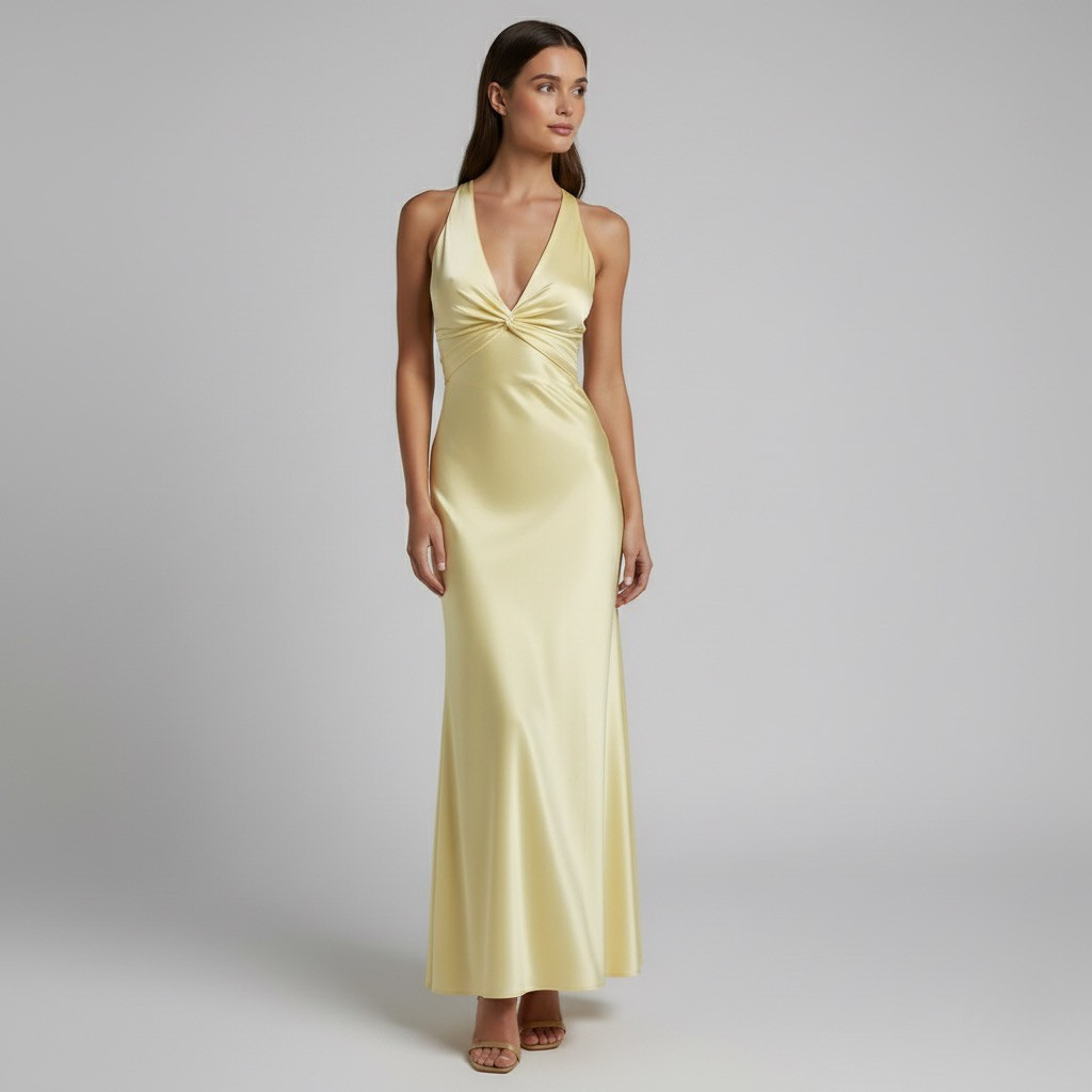 Women's Sleeveless V-neck Bridesmaid Dress in Lemon Color | Maxi