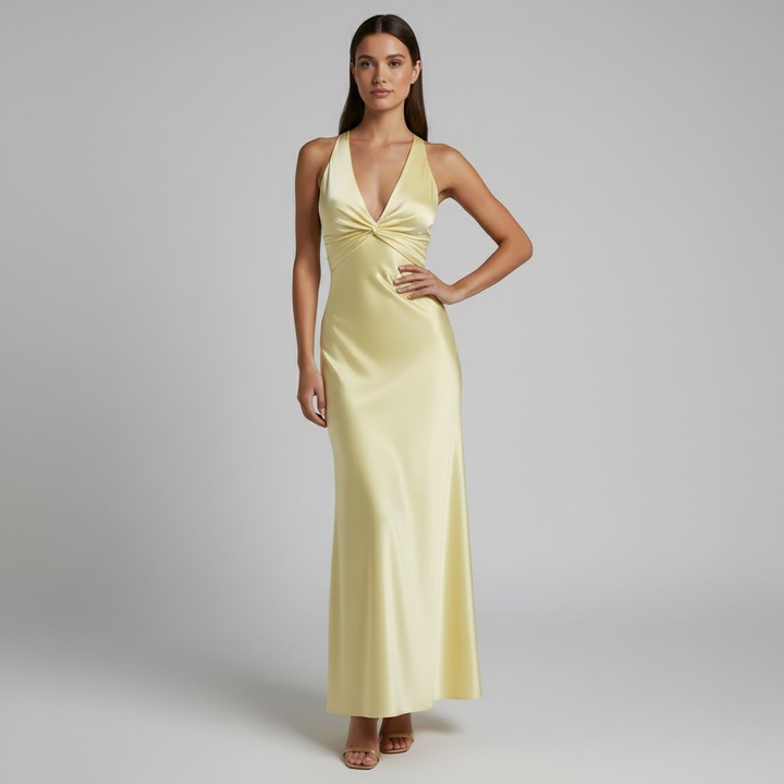 Women's Sleeveless V-neck Bridesmaid Dress in Lemon Color | Maxi