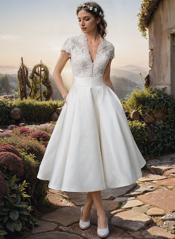 Women's Short Sleeves V Neck White Wedding Dress | Midi
