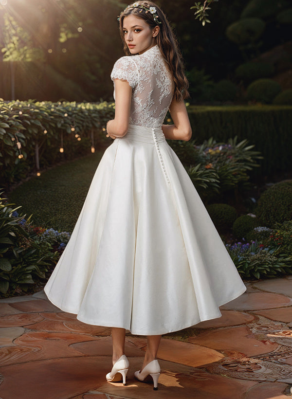Women's Short Sleeves V Neck White Wedding Dress | Midi