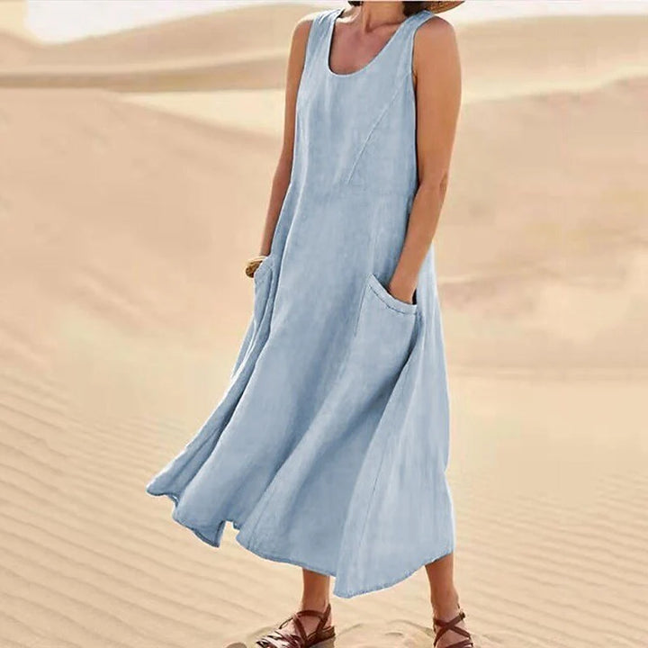 Women's Round Neck Sleeveless Summer Midi Dress | With Pockets