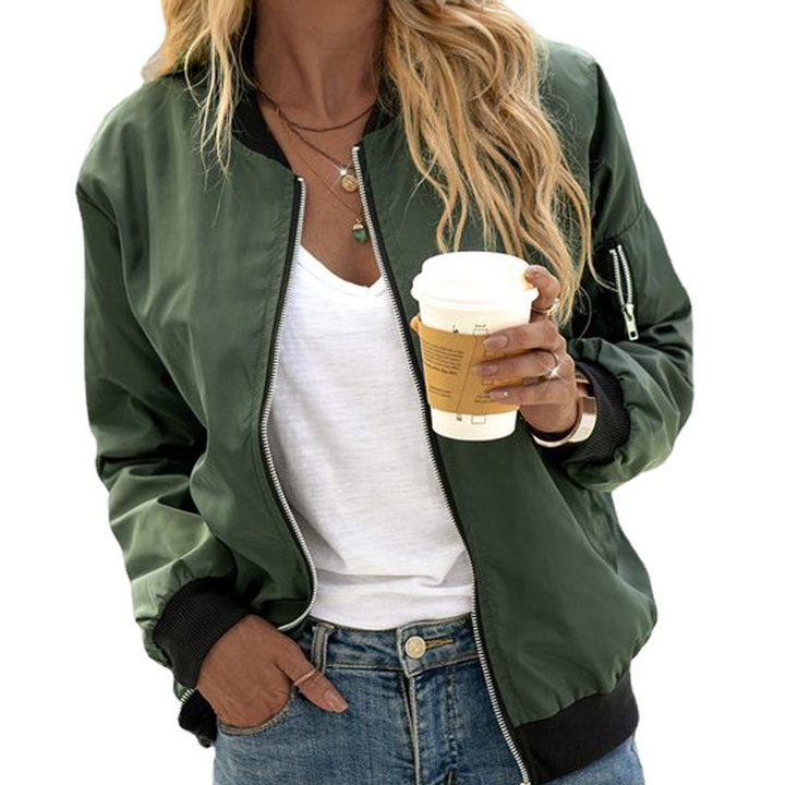 Women's Round Neck Zip Up Bomber Jacket | Classic