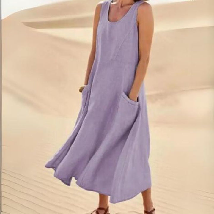Women's Round Neck Sleeveless Summer Midi Dress | With Pockets