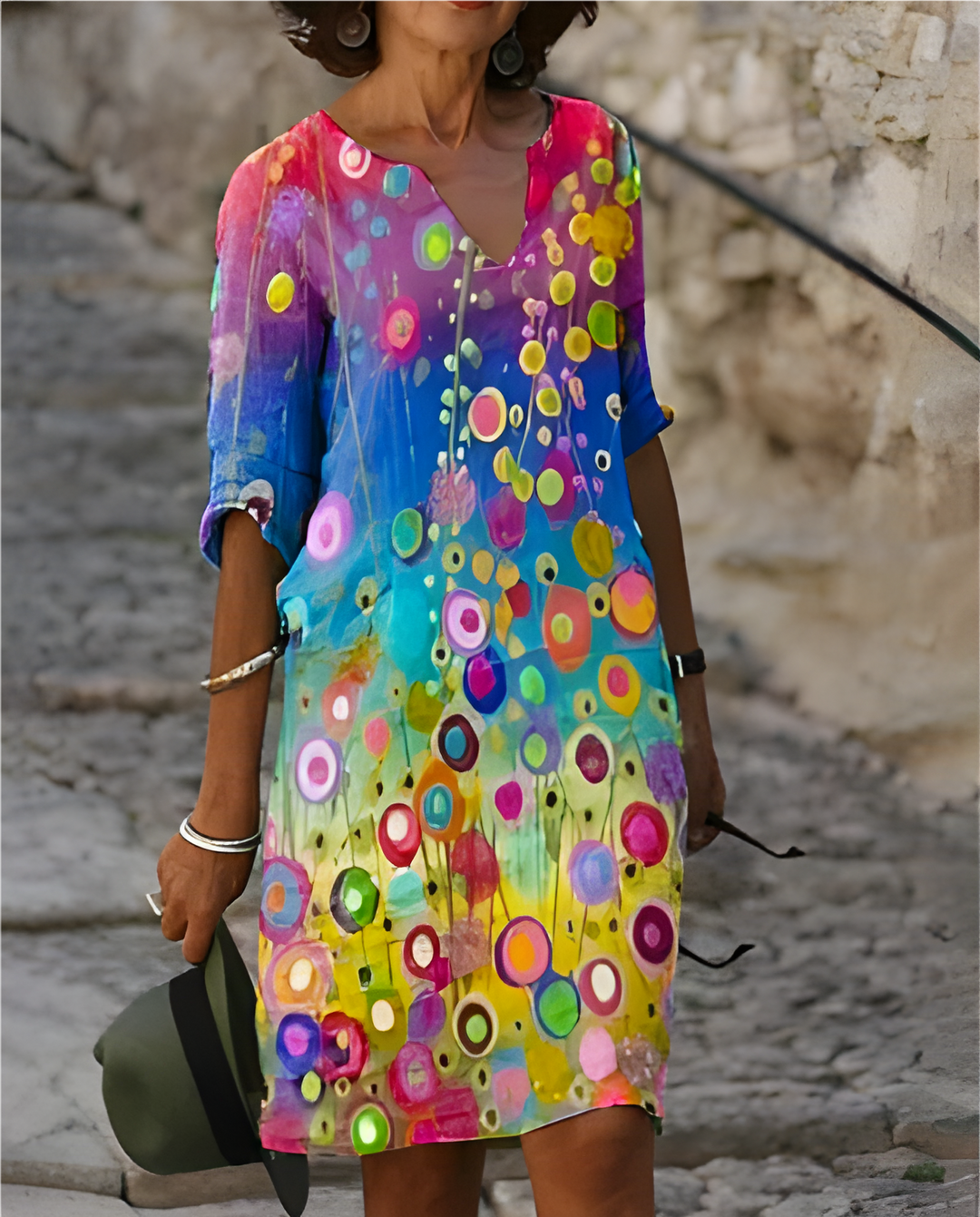 Women's Printed 3/4 Sleeve V-Neck Summer Dress | Mini