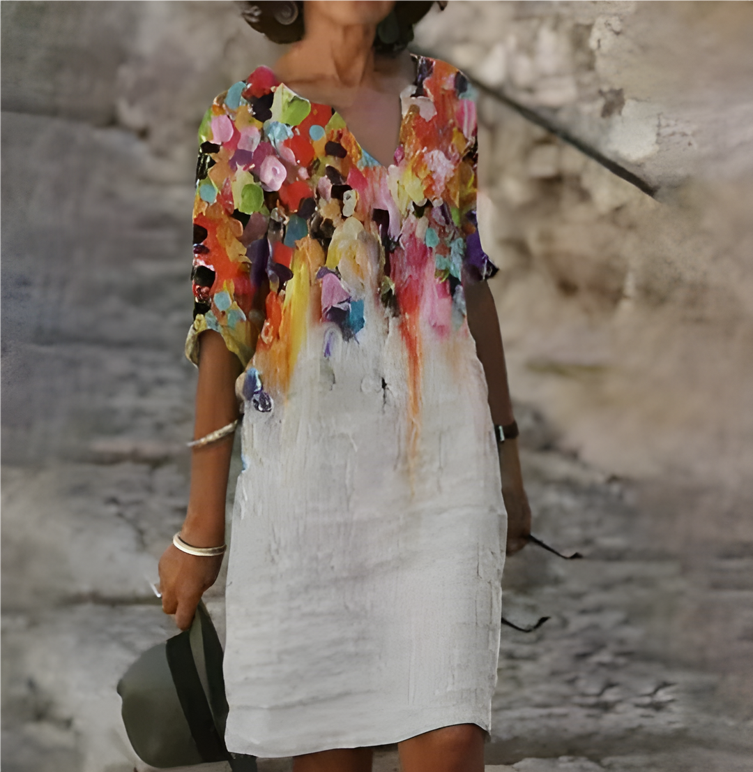 Women's Printed 3/4 Sleeve V-Neck Summer Dress | Mini