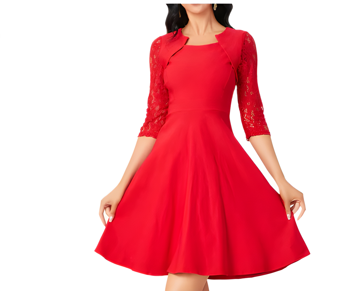 Women's Classic Round Neck Midi Evening Dress | Long Sleeve