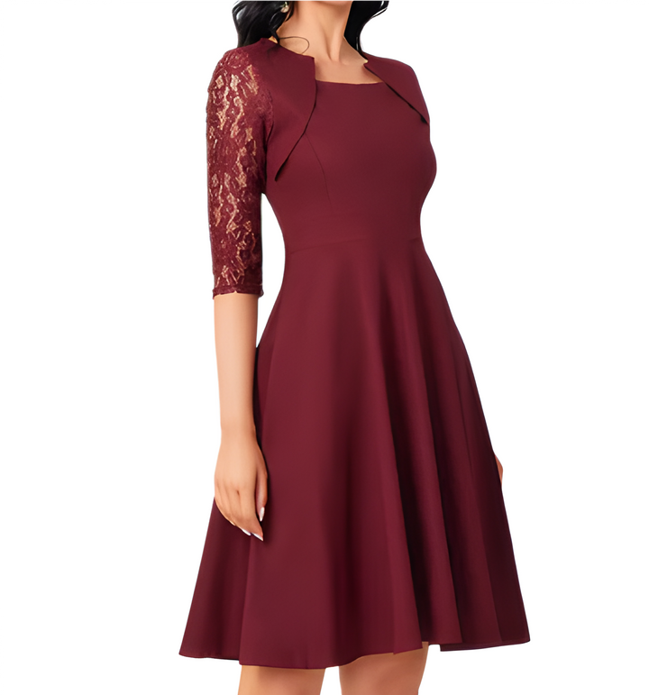 Women's Classic Round Neck Midi Evening Dress | Long Sleeve