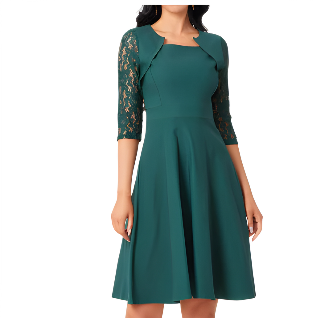 Women's Classic Round Neck Midi Evening Dress | Long Sleeve