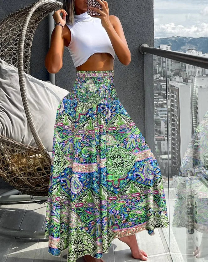 Women's Tropical Leaf Print A-Line Summer Skirt | Maxi