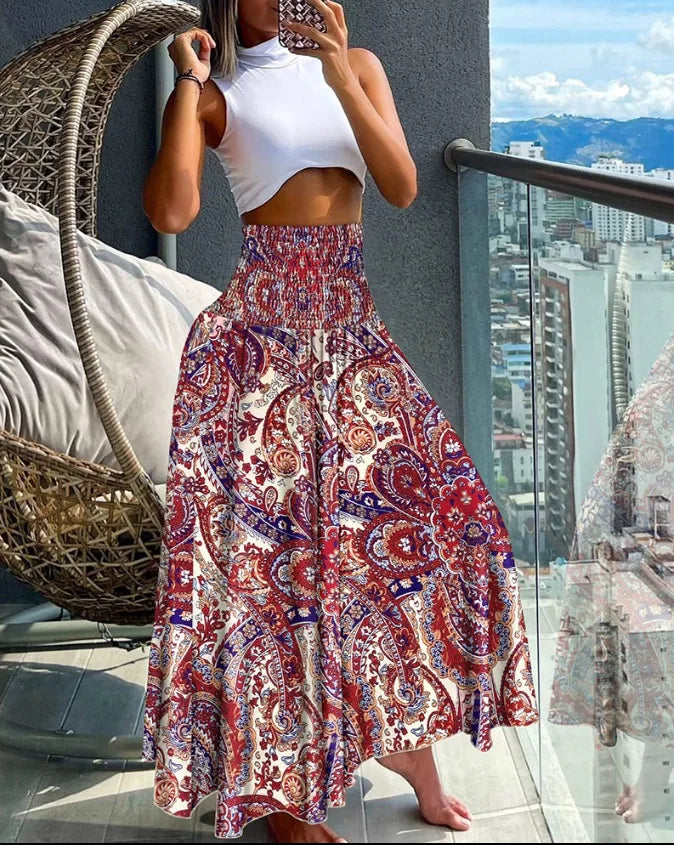 Women's Tropical Leaf Print A-Line Summer Skirt | Maxi