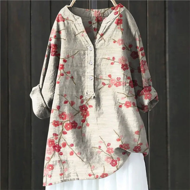 Women's Long Sleeve Printed Summer Blouse | Split Neckline