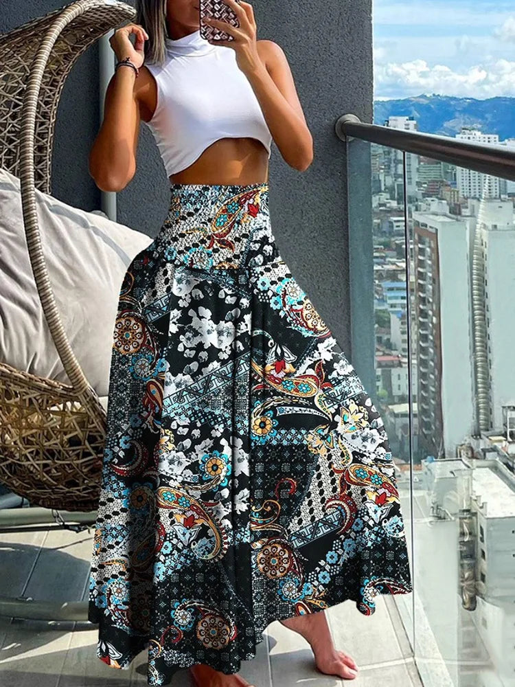 Women's Tropical Leaf Print A-Line Summer Skirt | Maxi