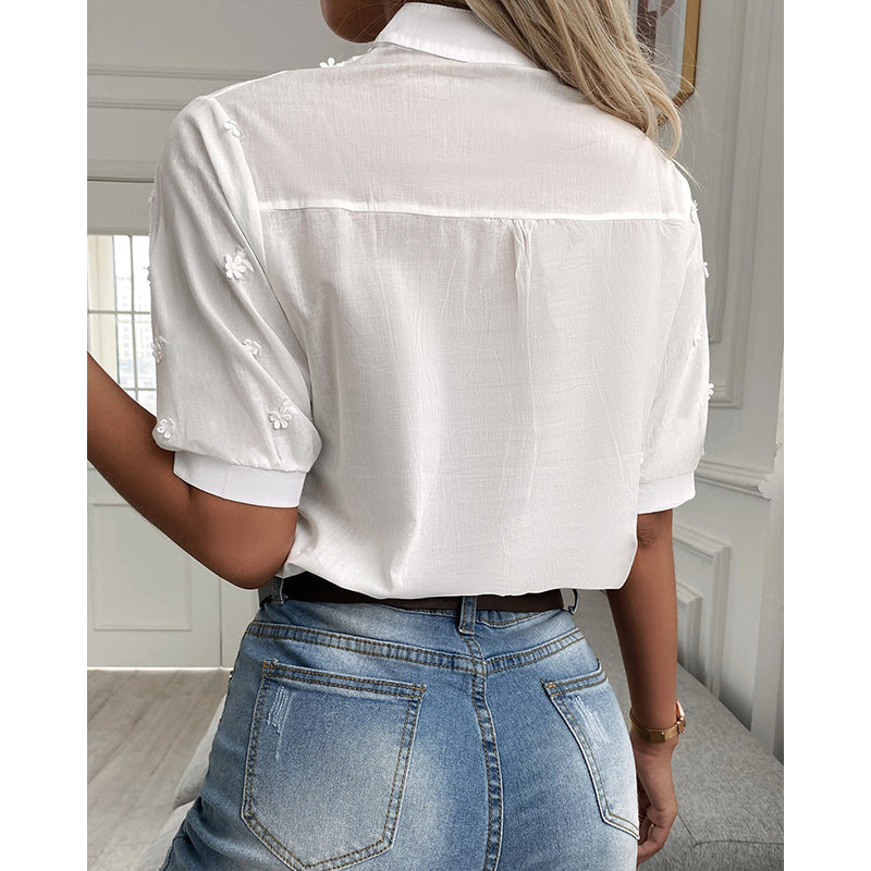 Women's White Mandarin Neckline Embroidered Blouse | Puff Sleeve